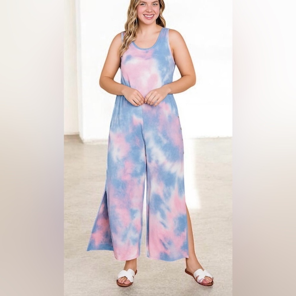New!Plus Size Tie-Dye Button Side Detail Split Hem Jumpsuit Size 1X 2X 3X